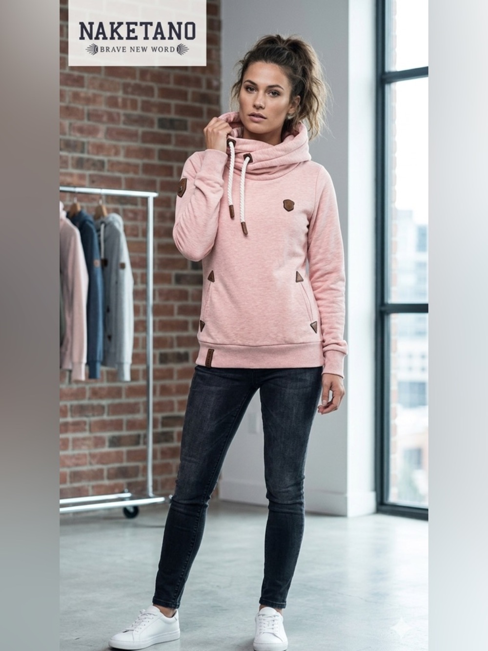 Naketano Women's Blush Pink Cowl-Neck Pullover with Drawcords